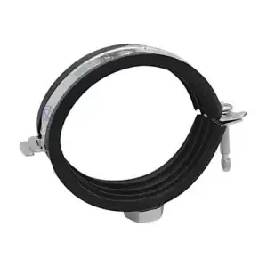 La abrazadera isofónica con neopreno presenta estructura en acero galvanizado con inserto de neopreno, ideal para instalaciones acústicas.