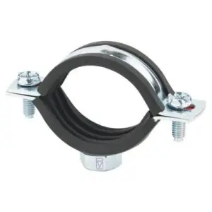 La abrazadera isofónica con junta elástica de neopreno tiene cuerpo de acero inoxidable y revestimiento de neopreno negro, que reduce vibraciones.