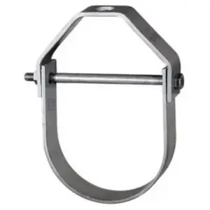 La abrazadera tipo “Clevis” es de acero forjado, plateada, con diseño en U abierta que se conecta a pernos para sistemas de suspensión.