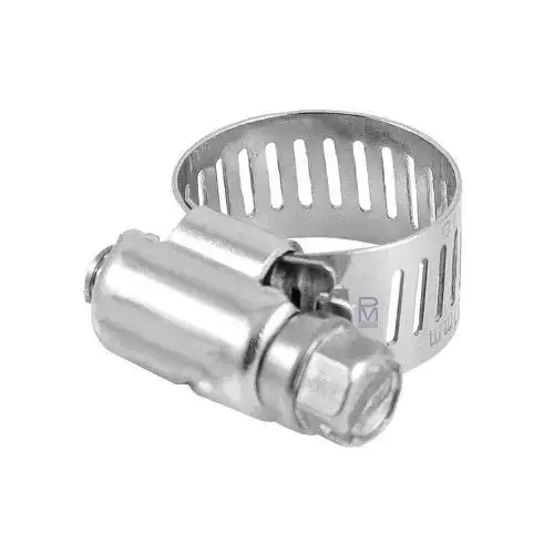 La abrazadera de tornillo “Sinfín” es de acero inoxidable, plateada, con diseño helicoidal para sujetar mangueras en plomería y ventilación.