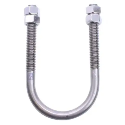 La abrazadera tipo “U” es de acero inoxidable, color plateado, con diseño en forma de “U” que se utiliza para sujetar tuberías y cables de manera segura.