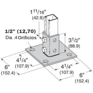 Base para canal U-603-BC: Base diseñada específicamente para el canal U-603-BC, proporcionando una plataforma sólida y estable para sistemas de canalización. Fabricada en acero duradero y pintada de color plateado.