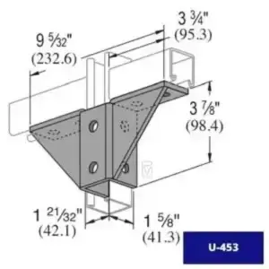 La conexión ala U-453 tiene una estructura reforzada, ideal para unir perfiles Unicanal PM en sistemas eléctricos y de soporte estructural.