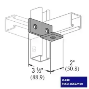 La conexión angular U-430 cuenta con perforaciones estratégicas que facilitan la fijación de perfiles en estructuras industriales.
