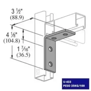 La conexión angular U-433 tiene una estructura reforzada, perfecta para ensamblajes en ángulo en sistemas de soporte y montaje técnico.