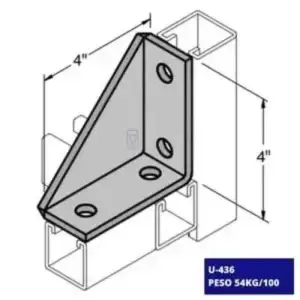 La conexión angular U-436 tiene un diseño optimizado para reforzar uniones en sistemas de montaje estructural y eléctrico.