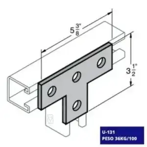 La conexión plana Unicanal PM U-131 cuenta con perforaciones precisas para facilitar el ensamblaje en estructuras industriales y eléctricas.