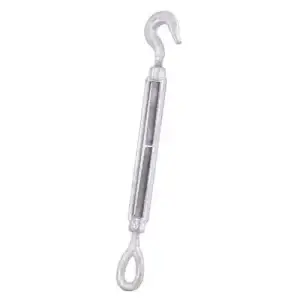El tensor forjado “gancho ojo” es de acero forjado, plateado, con gancho y ojo para ajustar tensiones en cables de acero.