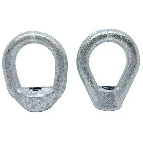 La tuerca de ojo (argolla forjada) hecha en acero forjado, plateada, con diseño circular para anclaje y elevación de componentes pesados.