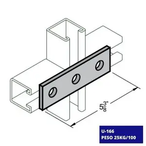 Conexión Plana Unicanal U-166: Conexión plana de acero compatible con el canal U-166, utilizada para asegurar sistemas de canalización.