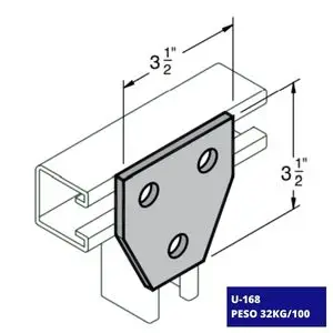 Conexión Plana Unicanal U-168: Conexión plana de acero compatible con el canal U-168, ideal para ensamblar sistemas de canalización.