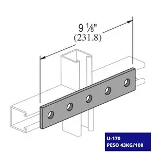 Conexión Plana Unicanal U-170: Conexión plana de acero compatible con el canal U-170, utilizada para fijar sistemas de canalización.