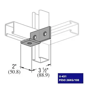 Conexión Angular U-431, ilustración de la pieza con sus medidas y peso.