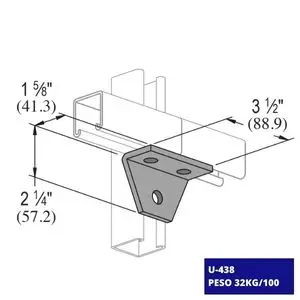 Conexión Angular U-438, ilustración de la pieza con las medidas y peso.