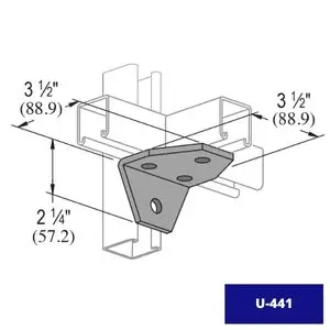 Conexión Angular U-441, ilustración de la pieza con sus medidas y peso.