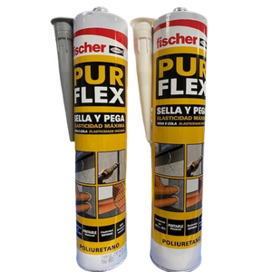 Sellador de poliuretano. Dos selladores de poliuretano con fondo blanco de la marca fischer que llevan por nombre Pur Flex, ideales para rellenar huecos.
