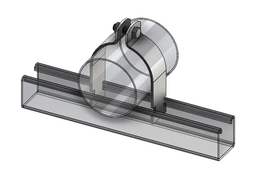abrazadera unicanal; abrazadera con fondo blanco, de color gris con un circulo sobre un tubo de color gris.