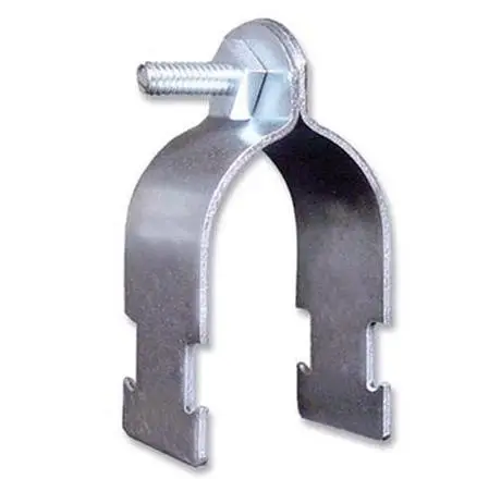 abrazadera unicanal; abrazadera de color metálica con forma de puente, especial para tubo conduit, con fondo de color blanco.