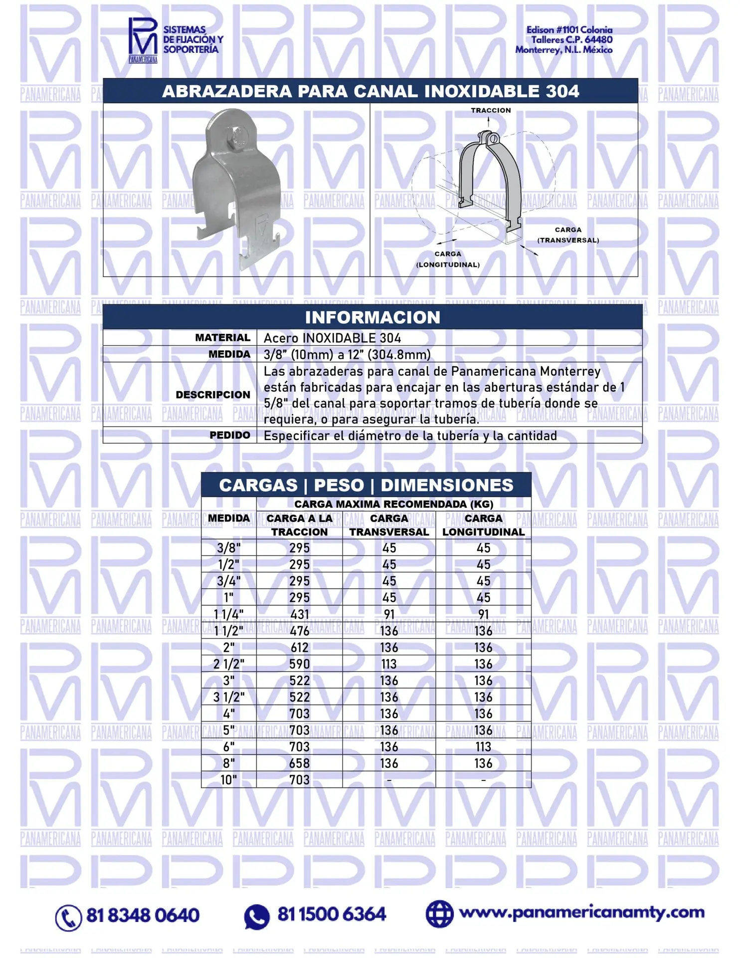 FICHA TECNICA ABRAZADERA PARA CANAL INOXIDABLE 304