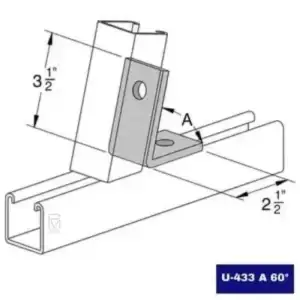 La Conexión Angular U-433 A 60°, fabricada en acero resistente, diseñada para unir perfiles en un ángulo de 60°, proporcionando estabilidad y durabilidad.