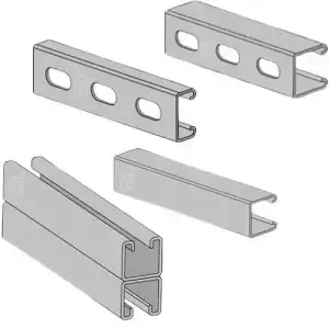 Conjunto de piezas de fijación unicanal fabricadas en acero, resistentes a la corrosión y prácticas en montaje, reflejando las ventajas del sistema unicanal en la construcción moderna