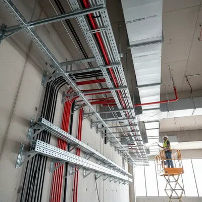 Vista de una instalación profesional con sistemas de soporte Unicanal PM de Panamericana Monterrey, mostrando cómo se organizan y aseguran cables y tuberías en un entorno industrial.