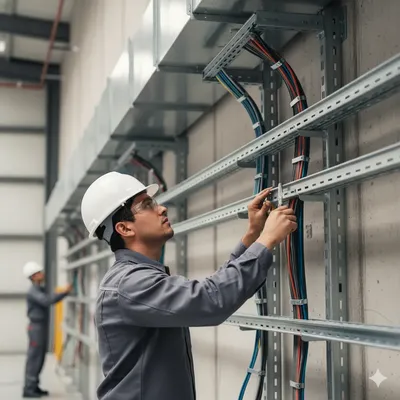 Un instalador trabajando en un sistema Unicanal PM, demostrando la facilidad y rapidez del montaje sin necesidad de soldadura o herramientas complejas.