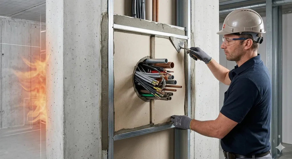 Ejemplo de cómo funcionan los sistemas cortafuego en la instalación dentro de muros y losas