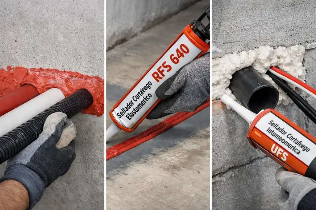 Instalación profesional que muestra qué son los sellos cortafuego en una estructura constructiva para protección contra incendios