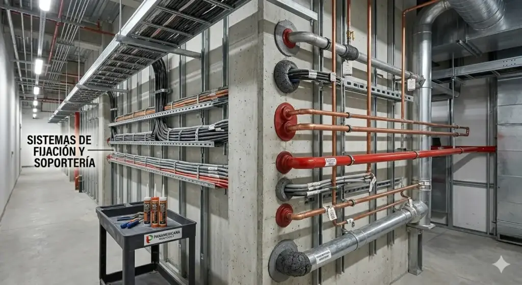 Sistema de tuberías con aplicación que explica qué son los sellos cortafuego para evitar la propagación de fuego y humo